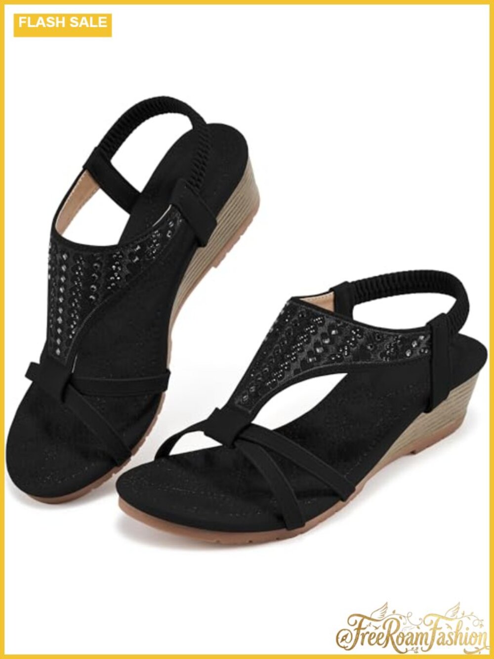 HARENCE Women's Faux Leather Wedge Sandals Elastic Ankle Strap Open Toe Platform